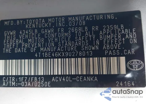 2009 Toyota Camry Le из США, поврежденный, VIN 4T1BE46KX9U278013